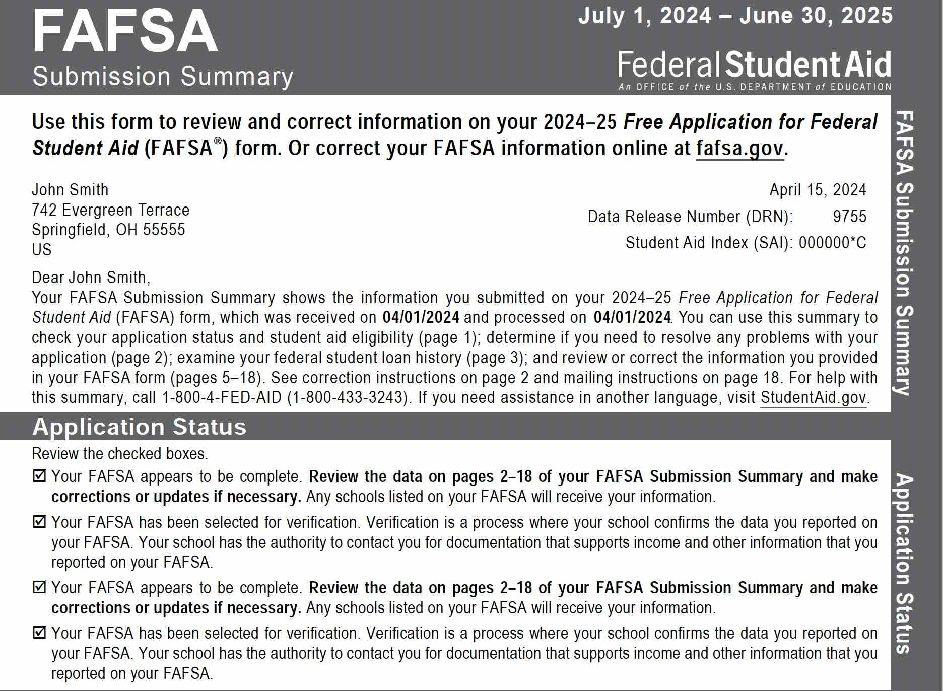 FAFSA Submission Summary Form